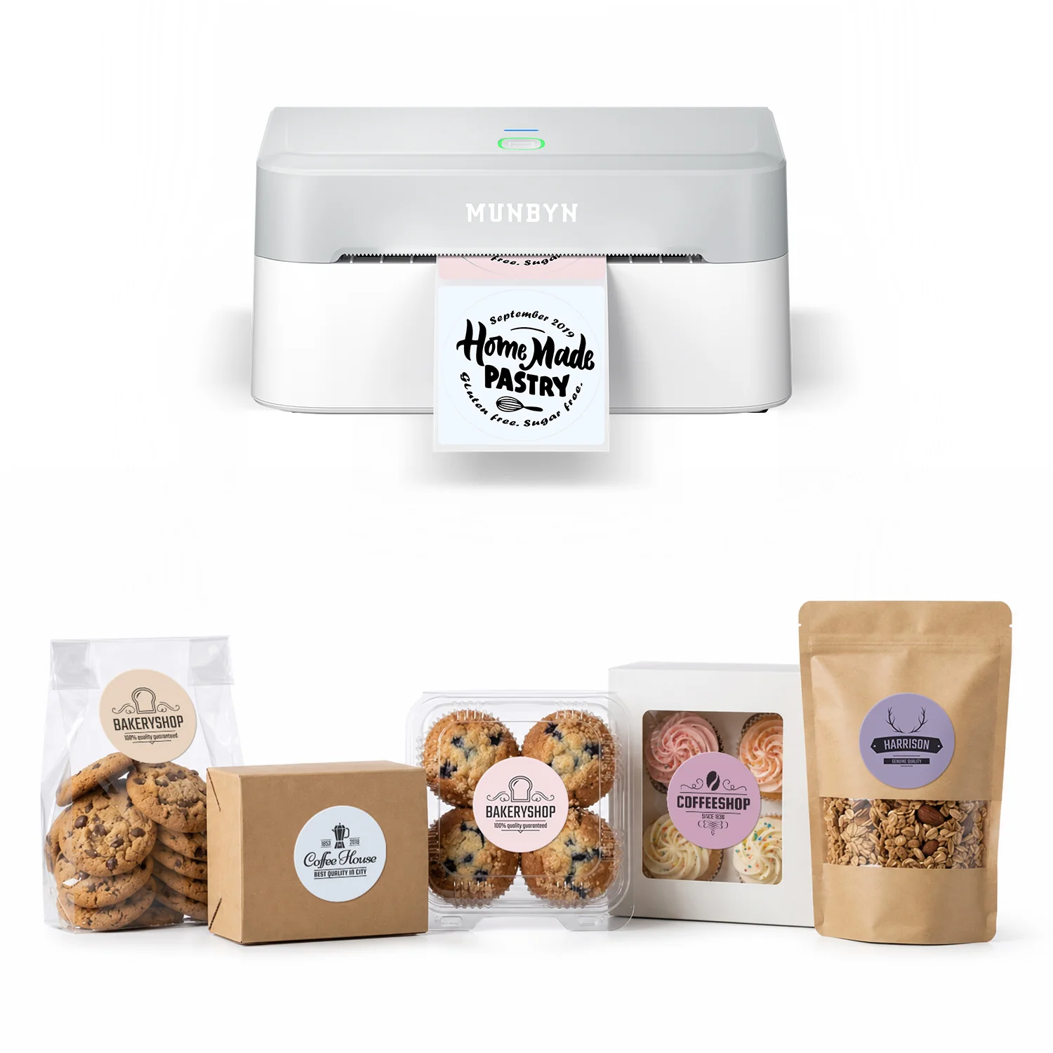 MUNBYN RealWriter 403B Bluetooth Printer & Morandi Labels Bakery Packaging Starter Kit